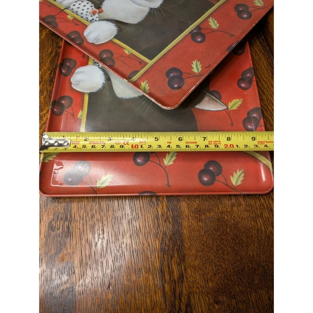 Set Of 2 Diane Jackson Melamine Trays, Tuxedo Cat w/Cherries Made In Italy 12